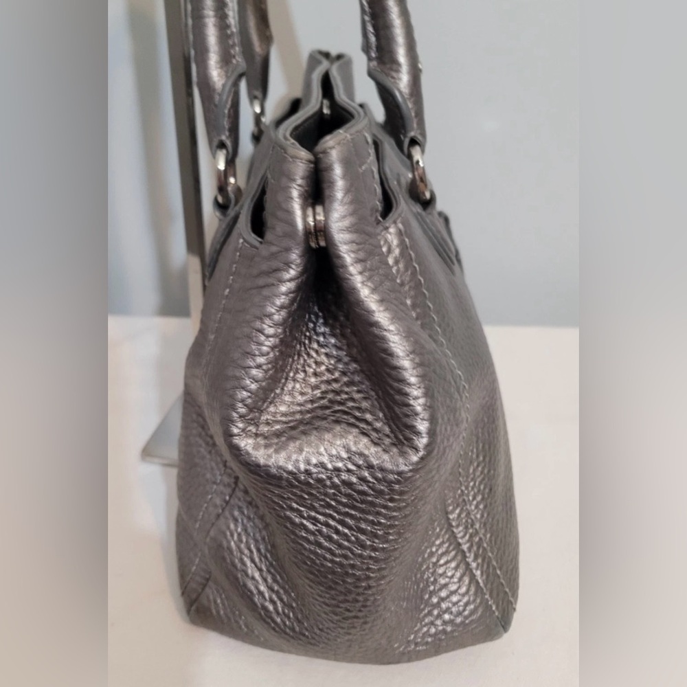 Cole Haan Metallic Silver Tote Shoulder Bag Pebbled Leather 3 Compartments - Picture 3 of 16